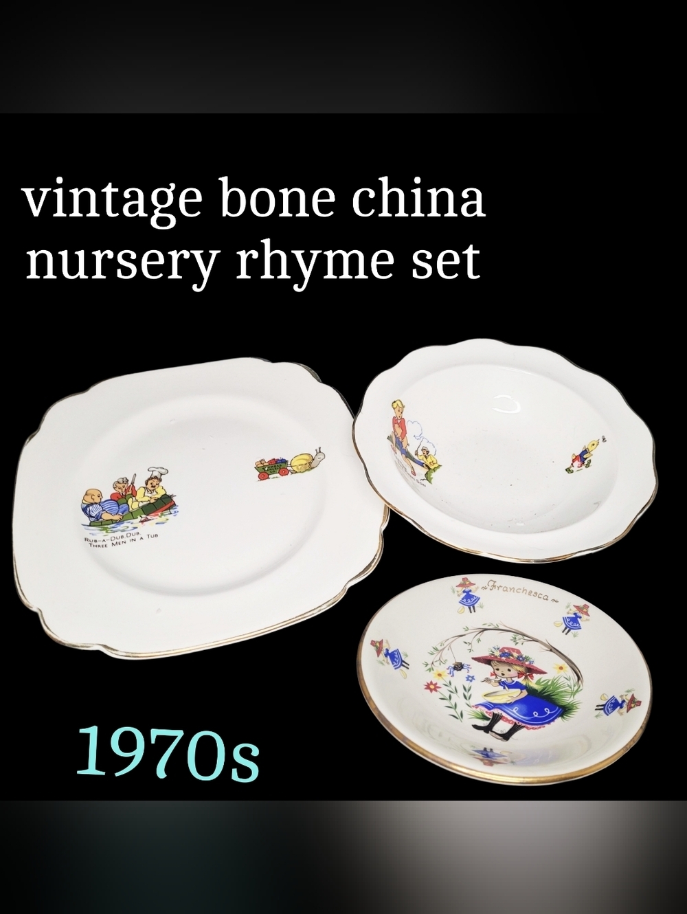Vintage 70s Kids China Nursery Rhyme Plate & Bowl Set